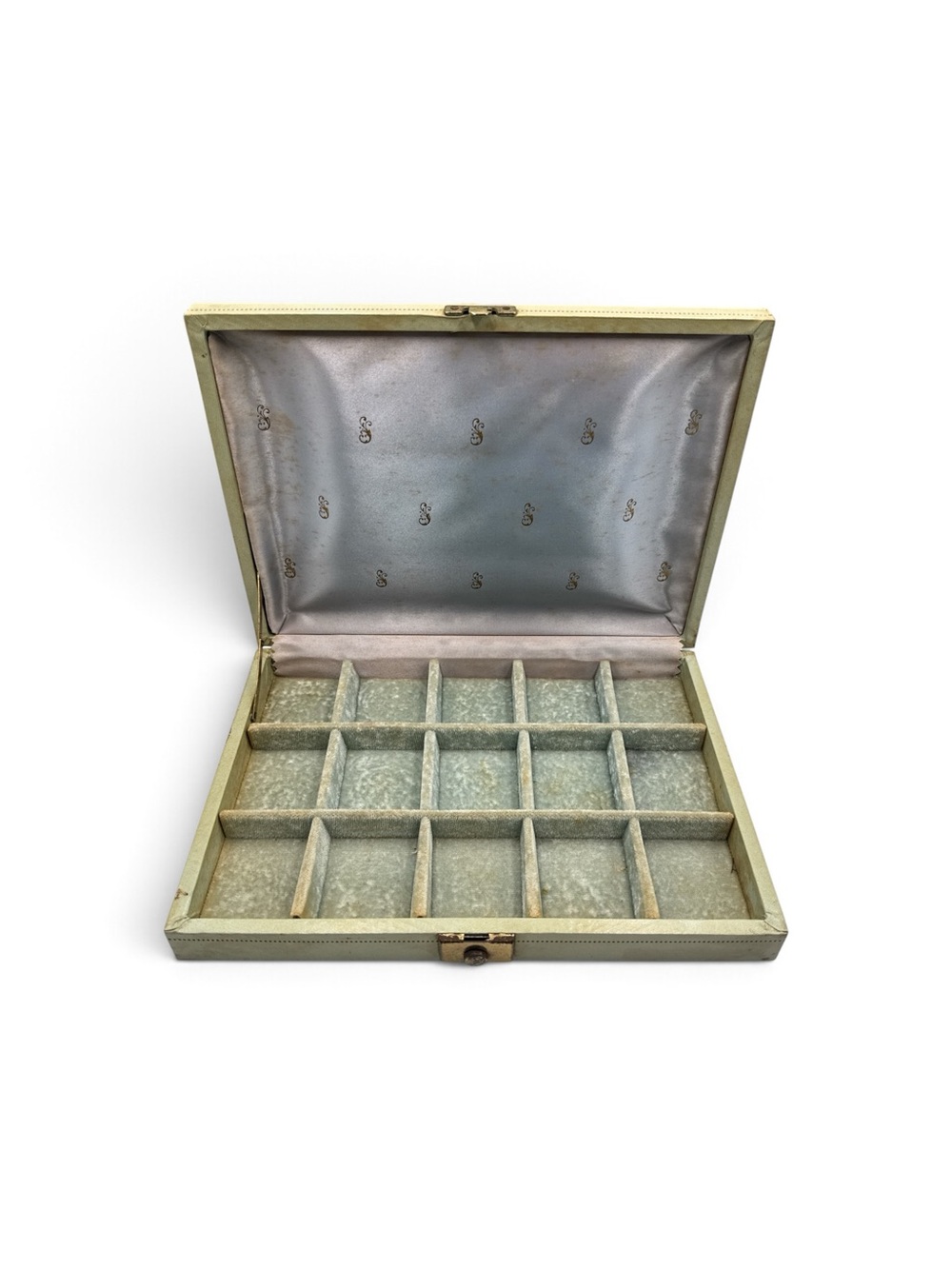 Vintage 1960s Mele Seafoam Green Velvet Lined Floral Jewelry Box 15 Compartment